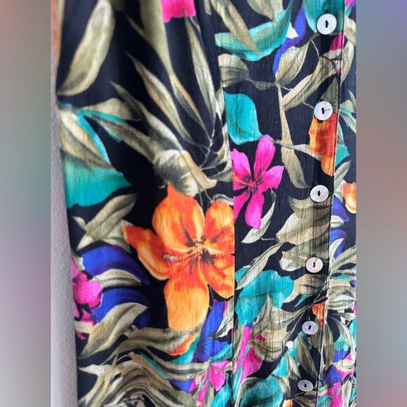 Vintage 90s Twyla Blu Tropical Floral Button-Down Midi Dress – 100% Rayon Size L - Picture 3 of 9